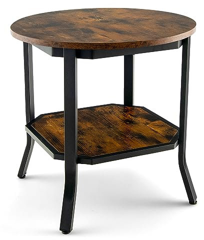 COSTWAY Round Side Table, 2-Tier Industrial Sofa End Table Accent Nightstand with Storage Shelf, Metal Frame Wooden Coffee Snack Tea Table for Living Room, Bedroom and Office, Rustic Brown
