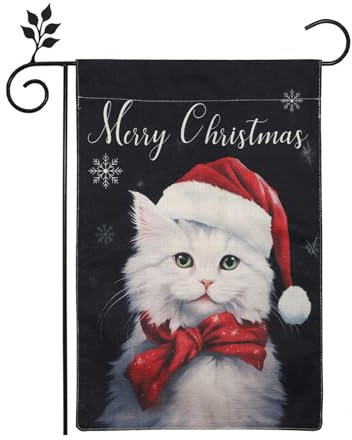 Drapeau de Noël, 47x31cm Drapeau de Cour de Noël Double Face Lin Drapeau de Jardin d'Hiver Chat Blanc avec Écharpe de Chapeau de Noël Drapeau Joyeux Noël pour Décoration Extérieure