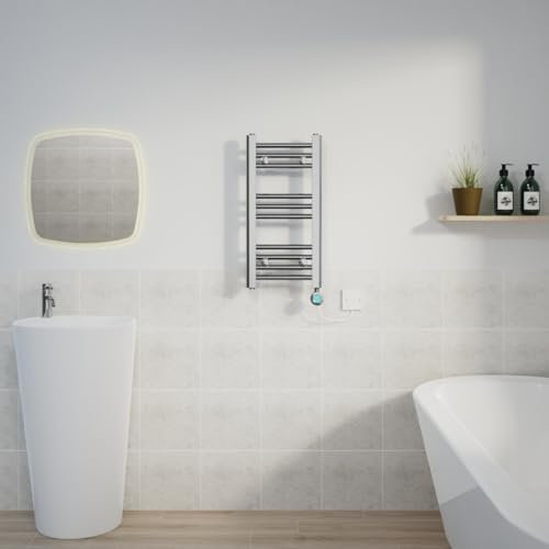 WarmeHaus Prefilled Electric Thermostatic Heated Towel Rail Bathroom Ladder Radiator Straight with 200W LCD Display Timer Electric Heating Element Chrome 600x300mm
