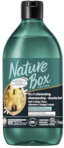 Nature Box MEN 3-in-1 Dusch-Shampoo – Haare, Gesicht, Körper – Veganes Shampoo mit kaltgepresstem Walnussöl – reinigt die Kopfhaut & schützt – 98% natürliche Inhaltsstoffe – 385 ml