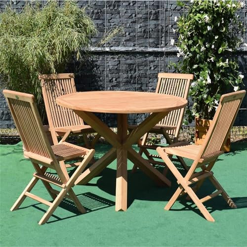 Teako Design Gartenmöbelset 4 Klappstühle Alessandria + Tisch Ravenna rund Teakholz, Esstischset Outdoor, FLEGT-Lizenziertes Teakholz, Wetterbeständige Gartenmöbel (100 cm Tischplatte)