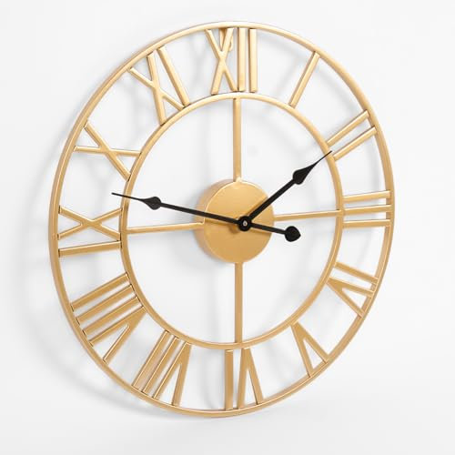 OHS Large Wall Clock Gold, Metal Vintage Wall Clocks for Living Room Kitchen Office Bedroom Skeleton Clock with Roman Numerals Easy to Install Battery Operated Clock, 40cm