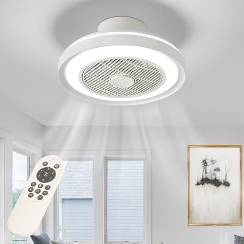 RIYNFO Ceiling Fans with Lights,Remote Fan Light 6 Speed Modern Ceiling Fan Lights Dimmable LED 3 Color Temperature 48CM Low Profile for Bedroom (White)