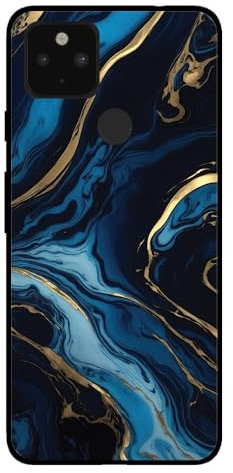 Hülle Passend für Smartphonica Handyhülle für Google Pixel 4A 5G mit Marmor Druck - TPU Back Cover Case Marble Design - Gold Blau