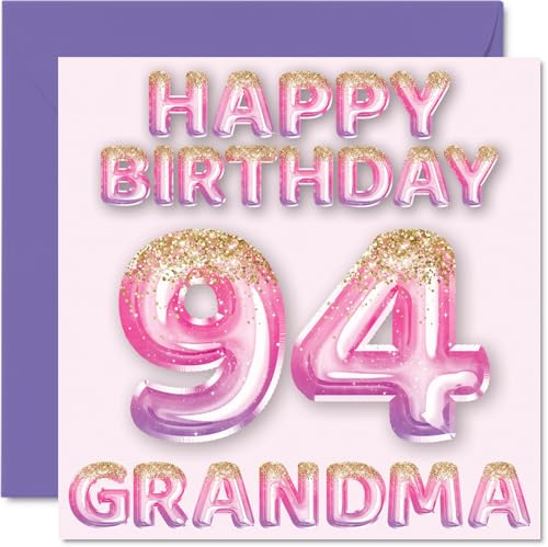94th Birthday Card for Grandma - Pink & Purple Glitter Balloons - Happy Birthday Cards for 94 Year Old Grandma from Grandson Granddaughter, 145mm Bday Greeting Cards Gift