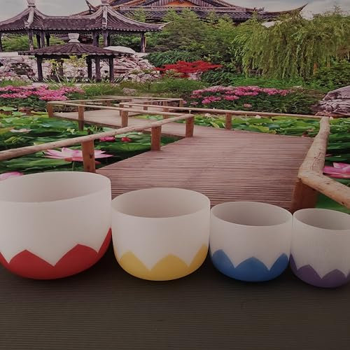 Generic 432Hz Chakra Lotus Design 6B+8G+10E+12C Quartz Crystal Singing Bowl with Case for Meditation, Yoga and Relaxation