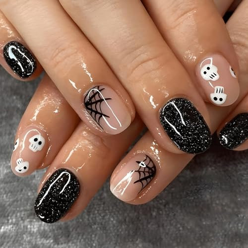 Caiguuer 24pcs fantômes citrouille araignée toile Halloween faux ongles crâne noir court faux ongles femmes et les filles presser les ongles (A, Une taille)