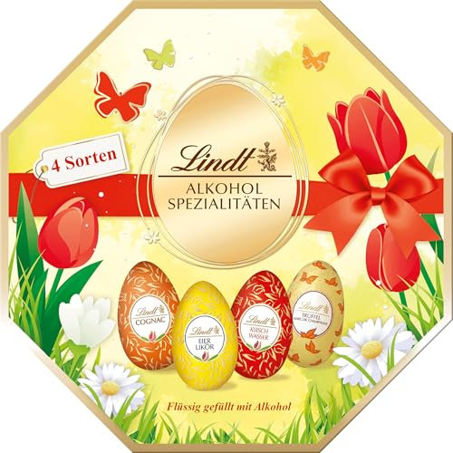 Lindt Schokolade Alkohol-Eier Kassette | 216 g | Feinste Schokoladen-Eier mit flüssiger Alkohol-Füllung | Oster Schokolade | Schokoladengeschenk | Schokoeier