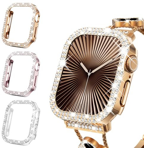 WINGLE 3Pack Women Bling Cases Compatible with Apple Watch 42mm Series 11 10, Shiny Diamond Protective Cover frame Without Protective Film for Apple Watch Case 42mm,Rose Gold/Pink/Clear
