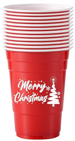Komonee 12 x Christmas Red Cups 16oz 500ml Wide Rimmed Disposable American Xmas Party Cups USA Adult Novelty Plastic Glass Design 3