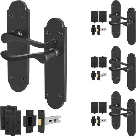 EAI Matt Black Door Handles with Latch 64mm and Hinges, 4 Pack | Complete Latch Kit with 4 Pairs of Victorian Scroll Lever on Backplate Door Handles, 64mm Latches, Hinges, Fixings Included