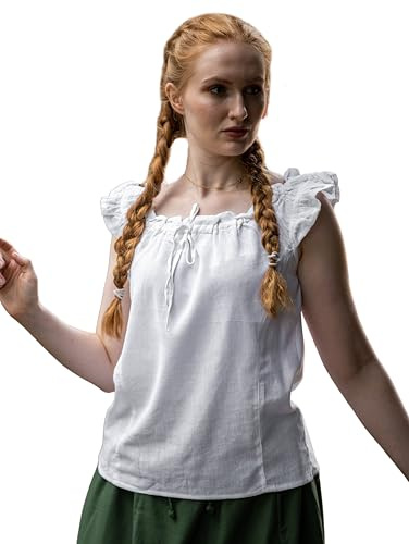 Leonardo Carbone® Damen Bluse Sommerbluse Lotte | Rüschen-Design | Verstellbarer Ausschnitt | Karneval, Halloween, Cosplay, LARP, Mittelalter, Tuniken | 100% Baumwolle Weiß XS