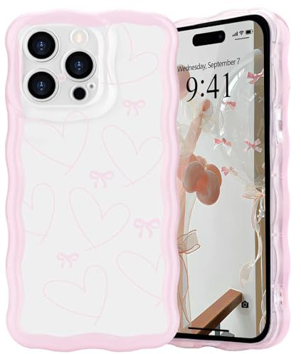 L-FADNUT Bow Case for iPhone 15 Pro Max, Curly Wavy Frame Cute Girly Bow Ribbon Pretty Phone Case, Soft Wave Clear Slim Silicone Shockproof Anti-scratch Cover for Women Girl, Big Heart