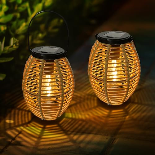 Bseical Solarlaterne für Außen - 2 Stücke Wetterfest Solar Rattan Laternen, Hängend/Stehend Solarlampen, IP44 Wasserdicht Solar Laternen für Außen für Terrasse Patio Tisch Garten Balkon Deko
