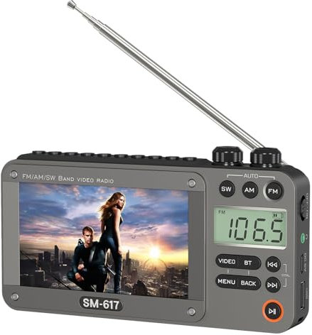 SEMIER 720p 4.3 Screen AM FM SW Movie Video Radio with Bluetooth, Rechargeable Pocket Digital Movie Video Player Radio, Support USB/Micro SD Card, 5W Loud Speak and Headphone Jack for Travel Gifts