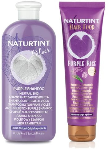Naturtint | Champu Silver Matizador Violeta + Mascarilla Hair Food Purple Rice | Neutraliza Amarillos & Nutre Cabello Rubio, Gris o con Mechas | Sin Sulfatos ni Parabenos | 330ml + 150ml
