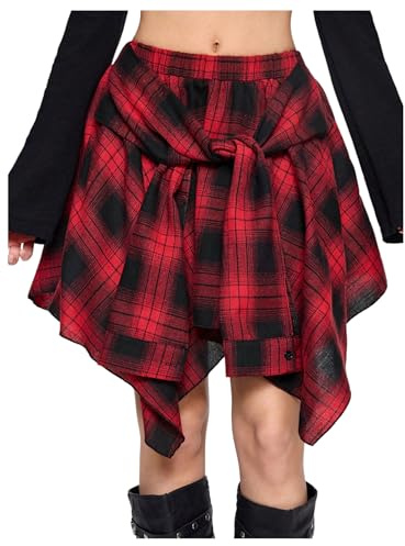 GORGLITTER Women's Plaid A Line Flowy Short Skirts High Waisted Asymmetrical Tie Knot Streetwear Skirt Red Medium