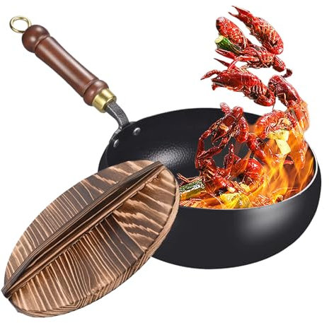 Frfik Induktion Wokpfanne - 24cm Antihaft Wok - Eisen, Holz & Glas mit Holzgriff, Glasdeckel oder Holzdeckel, Antihaftbeschichtung, für Herd & Induktion, für Camping & Küche