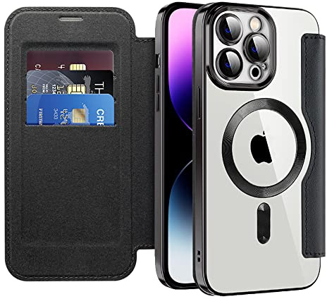 LEMAXELERS Case for iPhone 14 Pro Max [Compatible with Magsafe] Flip Folio Wallet Case with Card Slot RFID Blocking Magnetic Back Clear Shockproof PU Leather Slim Cover for iPhone 14 Pro Max Black JD