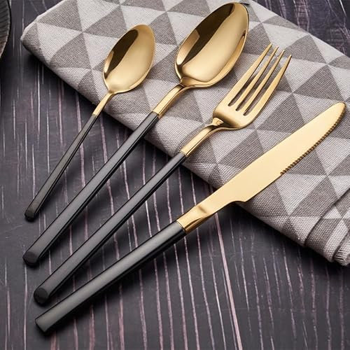 Silverware Flatware Cutlery Set, 4/16/24/32/40/48 Pcs 304 Stainless Steel Table Knife, Fork and Spoon Four-Piece Set Mirror Cutlery Set,Rose Gold-48 Pieces for 12 (Black/Gold 48 Pieces for 12)