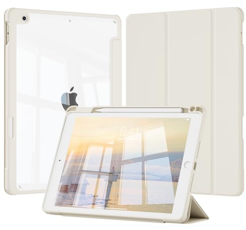 KTGGHG Claire Etui pour iPad 9e/8e/7e Génération 10,2 Pouces 2021/2020/2019 | Étui à Trois Volets Fin et Léger, Housse Arrière Antichoc Bords en TPU avec Porte-Crayon, Réveil/Sommeil Auto, Blanc crème