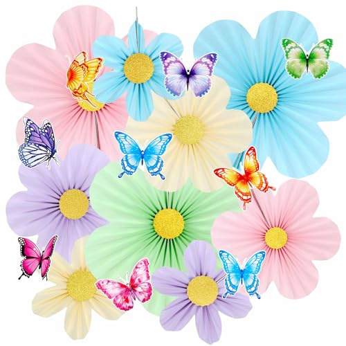 Pastel Paper Flowers Party Decoration, Flower Paper Fan Garden Hanging Decor with Butterfly, Hanging Fans for Spring Summer Birthday Wedding Party Supplies