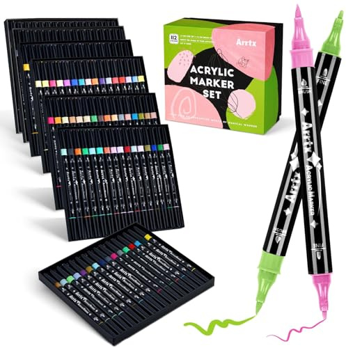 Arrtx Dual Tip Acrylic Markers 112 Colors,Brush and Fine Tip Acrylic Paint Pens Paint Coloring Drawing Markers for Rock Painting,Wood,Canvas,Glass,Stone,Plastic,Fabric Art Supply