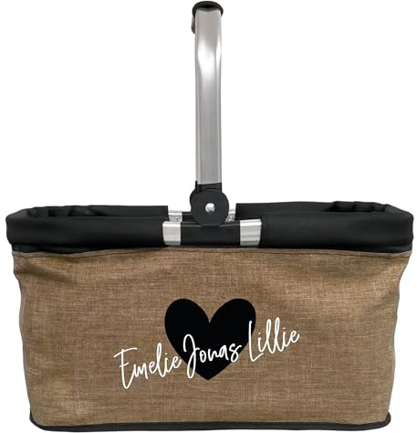 AMBERGER DESIGN by A&M Osterhage amd Einkaufskorb Herz mit Wunschname Picknickkorb Einkaufkorb Geschenk-Oma Tragekorb faltbar Unisex-Geschenk Einkaufstasche 20L