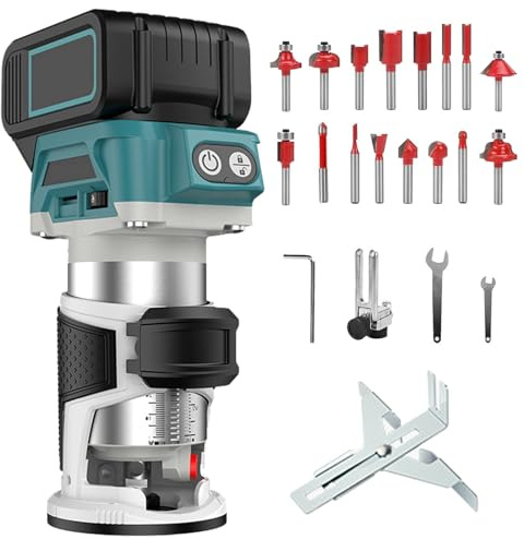 Akku Oberfräse Kompatibel mit Makita 18V Akku, 800W Bürstenloser Akku Kantenfräse Set mit 6 Geschwindigkeit, 30000 U/min, Akku-Holzfräser mit 16 Stück 1/4 Fräser Set für Holzbearbeitung (Ohne Akku)