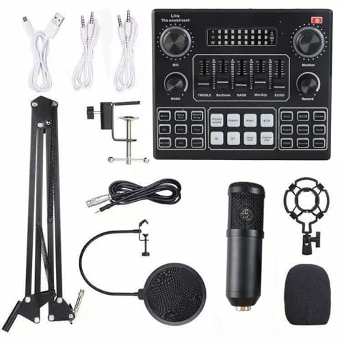 Eujgoov Kit de Micrófono y Tarjeta de Sonido Inteligente, Acero ABS, 12 Opciones de Sonido, Transmisión en Vivo, Ideal para Podcasters y Músicos (Black)