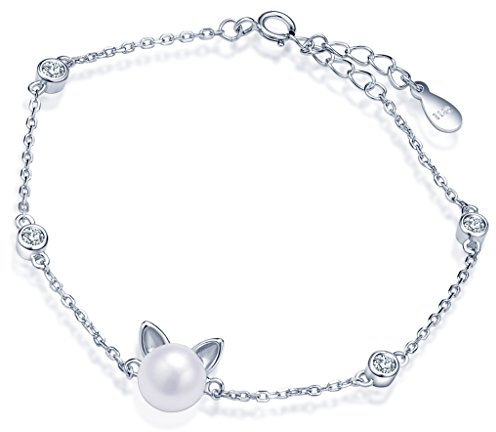 Yumilok Damen Armkette Armband mit 8mm Perle Kätzchen Katze Anhänger Charms 925 Sterling Silber Armschmuck für Damen Frauen Mädchen, 6.3-7.5 Verstellbar