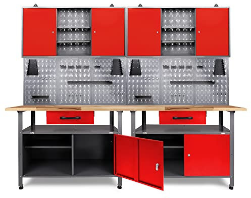 Ondis24 Werkstatt Set Klaus 240 cm 2 Schränke LED (Arbeitshöhe 85 cm, Rot)