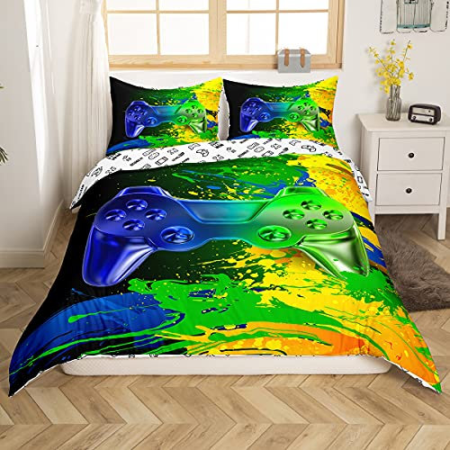 Gamepad Bettwäsche 155x220cm Modern Aquarell Spritztinte Spiel Thema Bettwäsche Set Blau Grün Gelb Kinder Jungs Männer Videospiel Spielcontroller Bettbezug Set Super weich Mikrofaser Tie Dye Stil