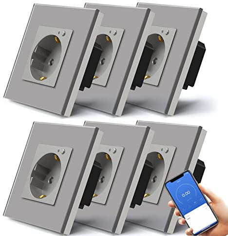 BSEED Smart Schuko Steckdose Unterputz mit Energieüberwachung, 6 Pack 16A Wlan Glassteckdose Stromverbrauch messen, APP-Steuerung Arbeit mit Alexa/Google Home, Zeitpläne, Timer, Nur 2.4GHz WiFi Grau