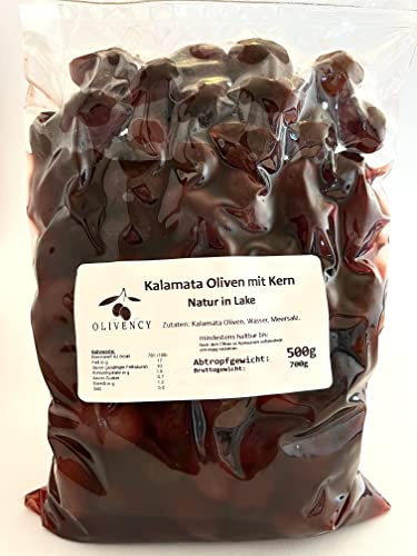 Kalamata Oliven mit Stein | Natur in Lake | 500g/1000g vakuumiert | Griechenland (500 GR)