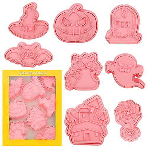 8 Stück Halloween Ausstechformen Cookie Backen Form Halloween Keksausstecher Set Keksstempel aus Kunststoff 3D Plätzchenausstecher Schläger Geist Schloss Kürbis Grabstein Prägen DIY Backen Dekor