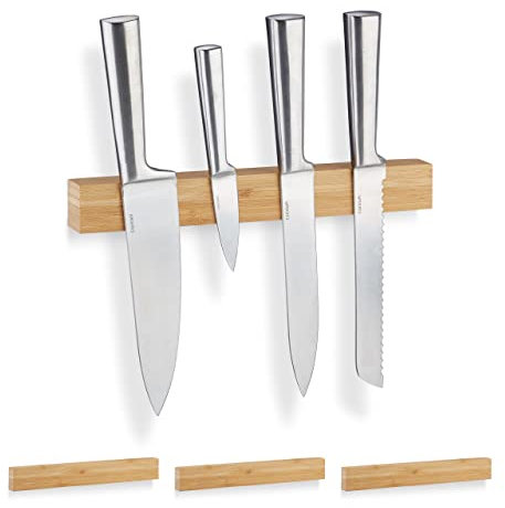 Relaxdays Set 4 Barras Magnéticas para Cuchillos, Soporte 4 Imanes Pared Utensilios Cocina, Bambú Veteado, 4 x 30 x 2 cm, Natural