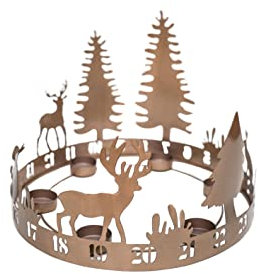 Ivyline Round Tea Light Centrepiece in Copper Metal with Advent Forest Scene - Festive Christmas Candle Holder - H25 x W33 x D33 cm