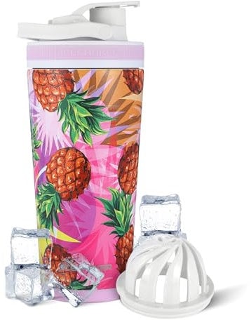 Ice Shaker Insulated Stainless Steel Shaker Bottle | 26oz, Pineapple | Cold for 30+ Hours | Insulated Cup with Twist-on Agitator | Odor-Free Bottle for Protein Shakes, Water, Smoothies, Cocktails