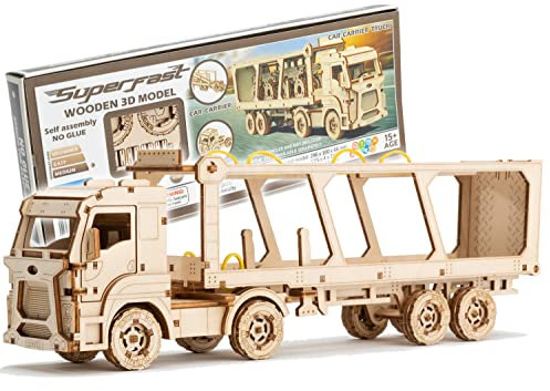 Car Carrier Truck - Mechanischer 3D Holzpuzzle Bausatz | Holzmodell zum Zusammenbauen | STEM Spielzeug für Erwachsene