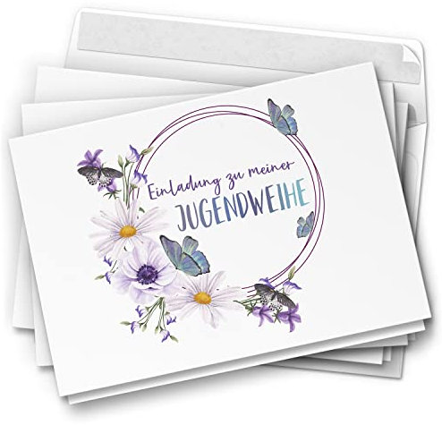 10 moderne Jugendweihe Einladungskarten - Motiv Butterfly Garden - Design Klappkarten Einladung Karten mit Umschlag