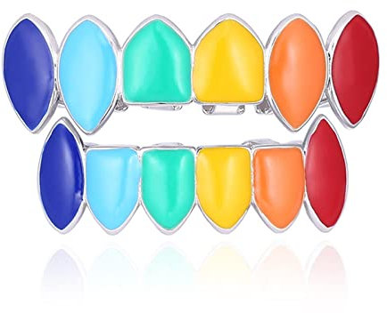 Hip Hop Zähne Grillz Regenbogen Gold Silber Farbe Oben & Unten Grills Cosplay Party Zahn Punk Schmuck Geschenke,Silber