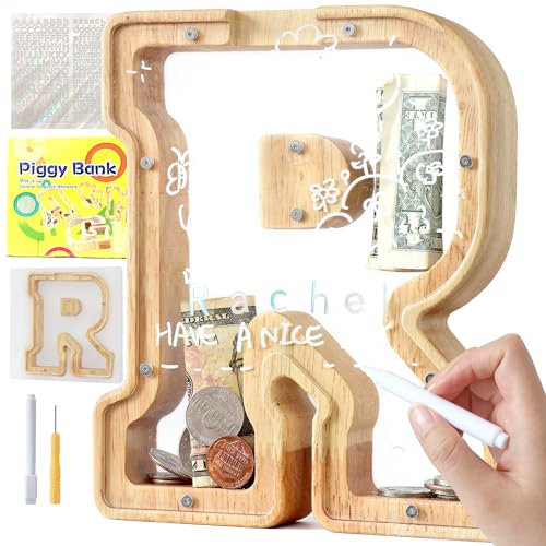 Lakpopya Spardose Kinder Buchstaben aus Holz für A-Z Personalisiert Sparschwein Durchsichtig Alphabet Sparbox, Geschenk Dekoration Taufe für Jungen Mädchen (R)
