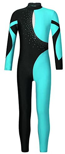 iEFiEL Mädchen Langarm Turnanzug Zweifarbig Ganzkörperanzug Sportlich Body Kinder Glitzer Gymnastikanzug Tanzkostüm Tanzanzug Wb Blau Grün 146-152