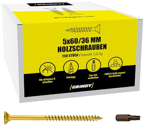 Grindy Torx Lot de 250 vis à bois, 5 x 60 mm, pour panneaux d'aggloméré, vis universelles de qualité supérieure pour l'intérieur et l'extérieur