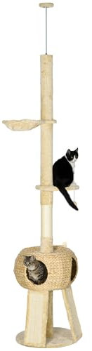 PawHut Árbol para Gatos de Suelo a Techo de 225-255 cm Torre para Gatos Altura Ajustable con Cueva Plataformas Hamaca Postes Rascadores Rampas y Bolas Colgantes Ø48x225-255 cm Beige