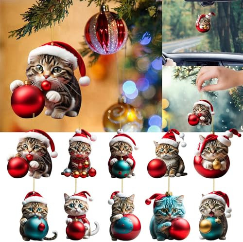 Weihnachtsbaum Katzen Anhänger 2D Acryl Weihnachtskatze Hängende Deko Lustiger Weihnachten Katzen Ornament Spaß Weihnachtsanhänger Deko Christbaumschmuck Weihnachtsschmuck Geschenk (10PC#, OneSize)