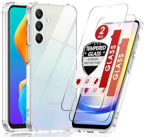 LeYi Cover per Samsung Galaxy A25 5G con 2 Vetro Temperato, Custodia Antiurto Trasparente TPU Bumper Originale Slim Crystal Protettiva Cover per Samsung A 25 5G Silicone Case