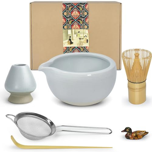 Artcome Kit per cerimonia del tè matcha giapponese, ciotola con beccuccio versatore, frusta, paletta da tè, colino in polvere Matcha, set da tè per preparare latte Usucha, Koicha e Matcha (ciano)