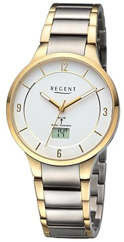 REGENT Herren Funkuhr Analog-Digital Metallarmband Gold Silber URFR292 Analoguhr